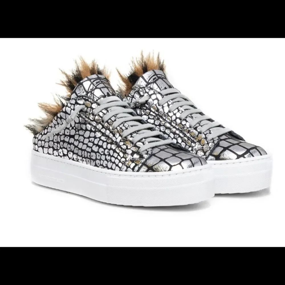 NEW P448 Clara Metalic Silver leather faux fur slip on sneakers 6.5 EUR 37